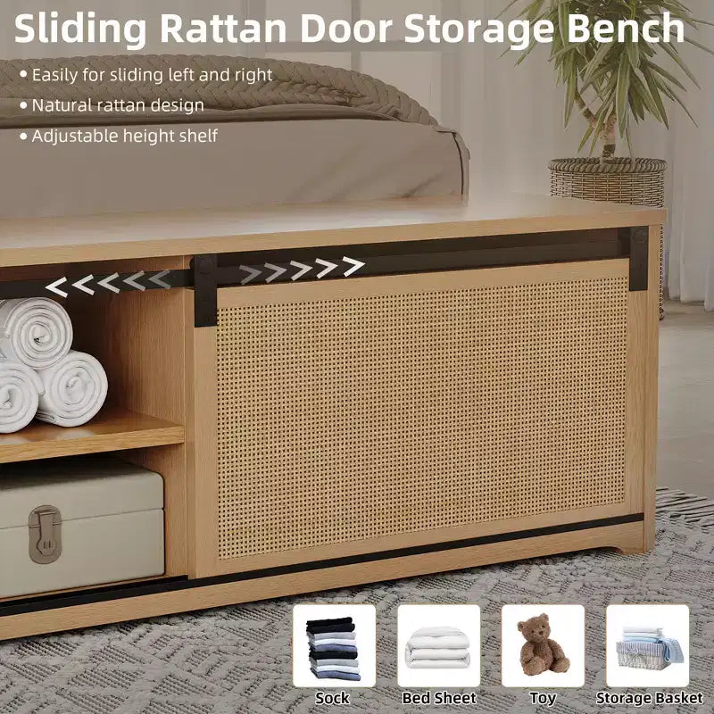 Letto a piattaforma in rattan Full Size con mobili contenitori