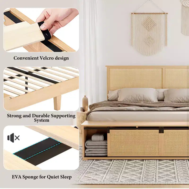 Letto a piattaforma in rattan Full Size con mobili contenitori