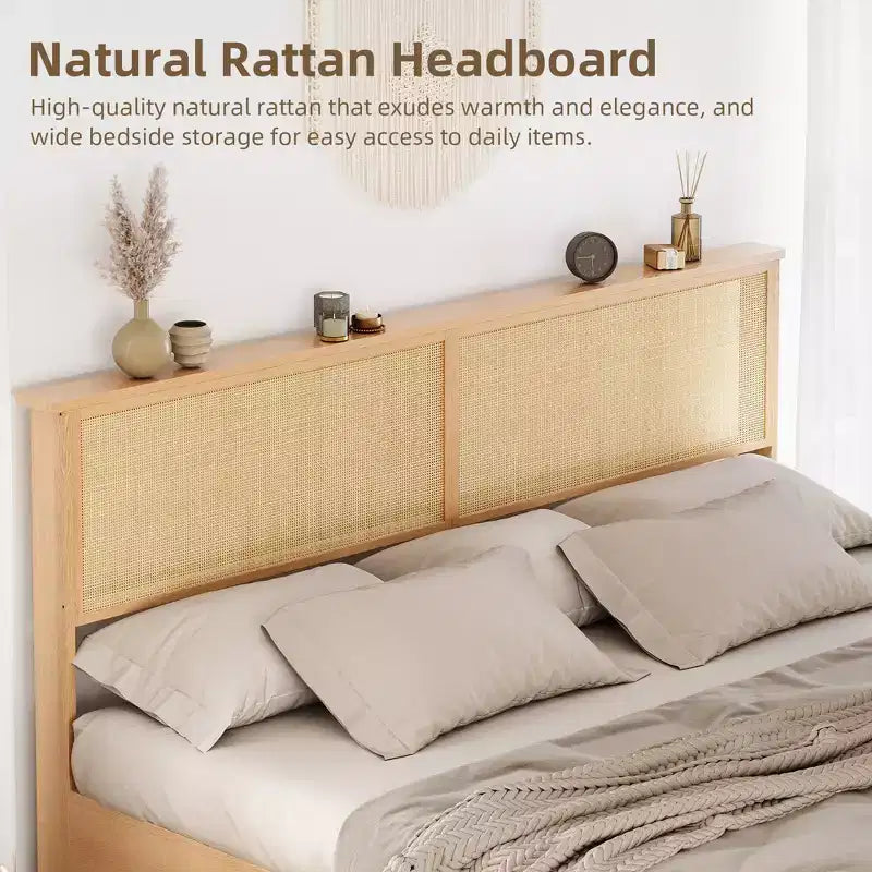 Letto a piattaforma in rattan Full Size con mobili contenitori