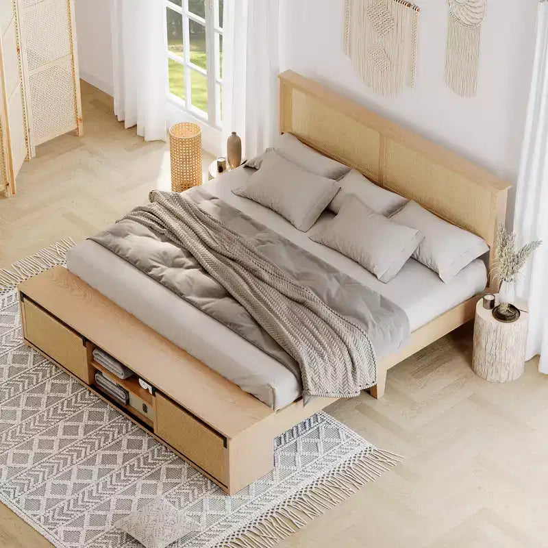 Letto a piattaforma in rattan Full Size con mobili contenitori