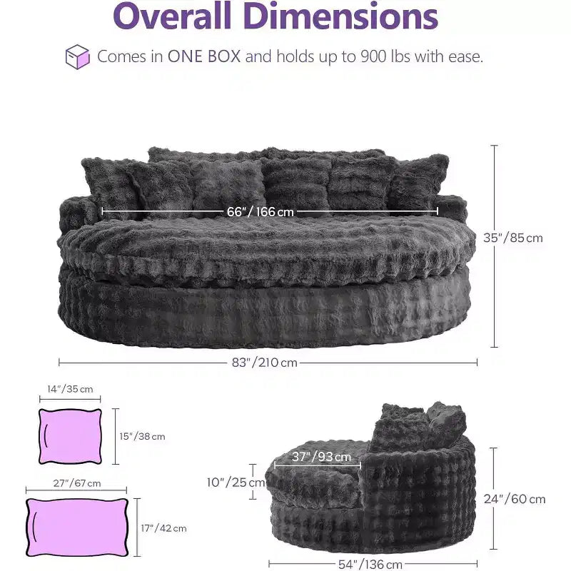 Divano rotondo oversize da 83" con 6 cuscini – Chaise longue per camera da letto e soggiorno