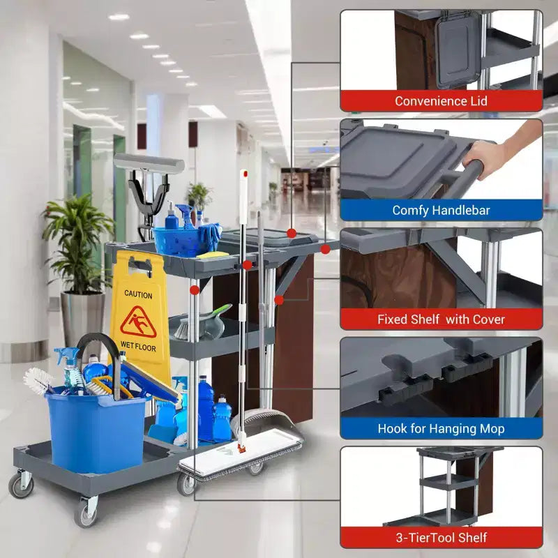 Carrello di Pulizia a 3 Ripiani con Sacco della Spazzatura da 60 Litri, Capacità di 75 kg, 6 Ruote Silenziose