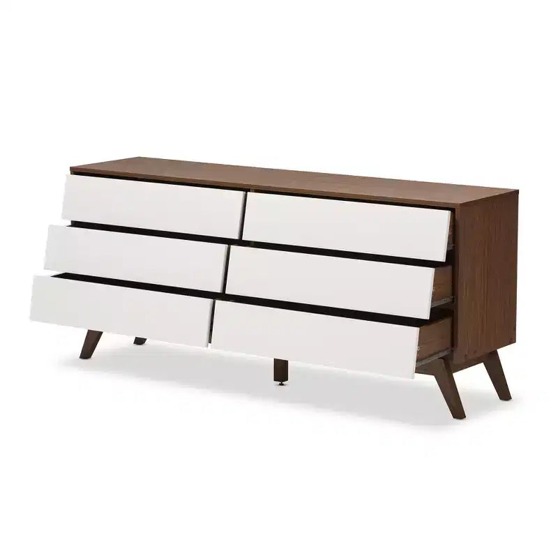Cassettiera a 6 cassetti Mid-Century Modern – Due tonalità Noce e Bianco