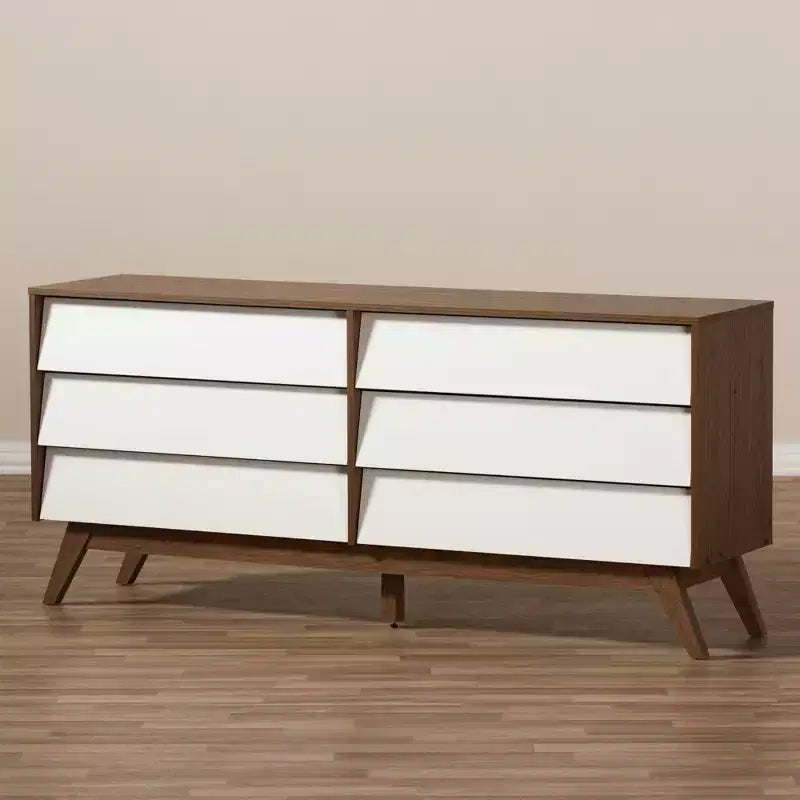 Cassettiera a 6 cassetti Mid-Century Modern – Due tonalità Noce e Bianco