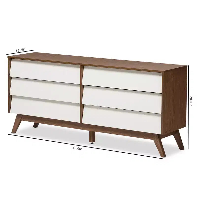 Cassettiera a 6 cassetti Mid-Century Modern – Due tonalità Noce e Bianco