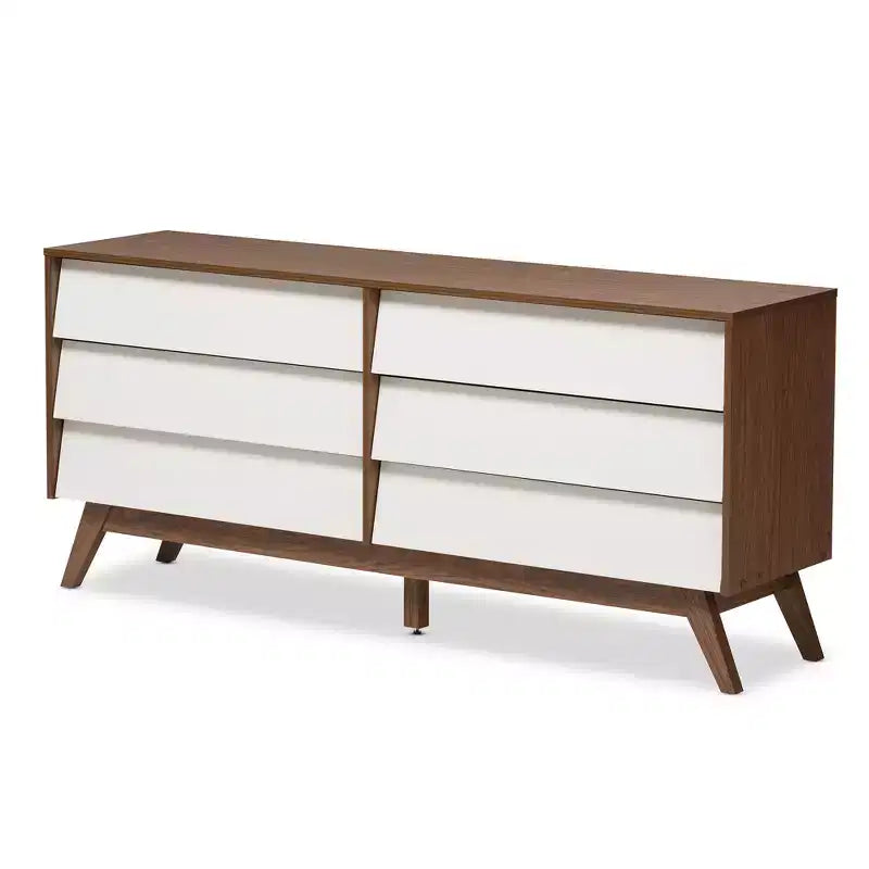 Cassettiera a 6 cassetti Mid-Century Modern – Due tonalità Noce e Bianco
