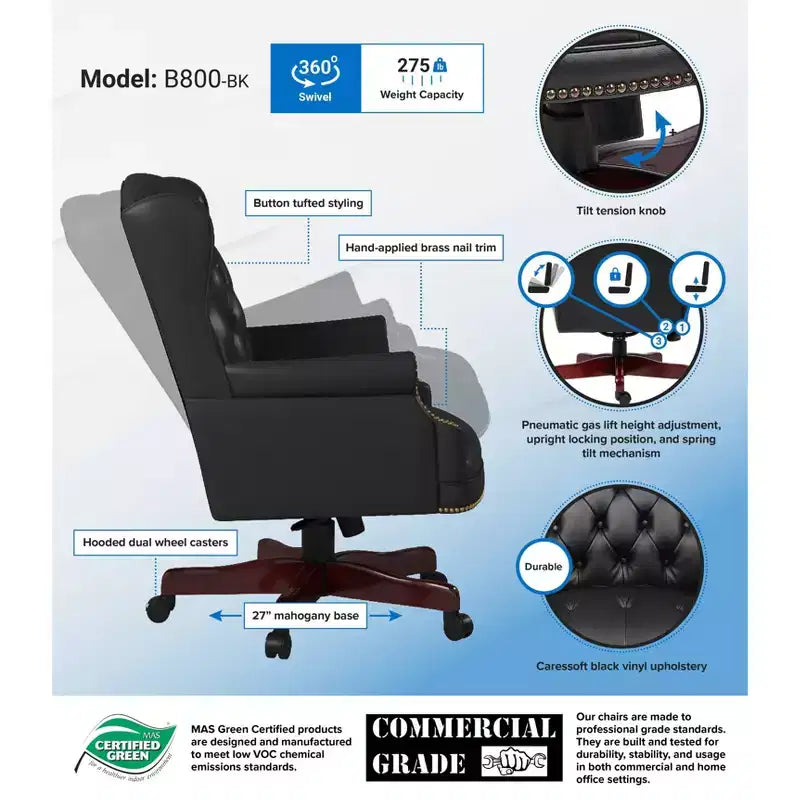 Sedia da ufficio tradizionale Wingback con altezza regolabile e base girevole