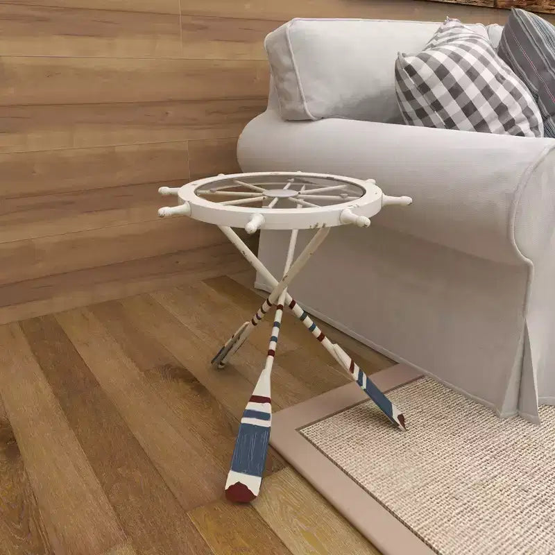 Tavolino Rotondo d'Appoggio in Metallo e Vetro – Stile Costiero, Bianco, Altezza 24"