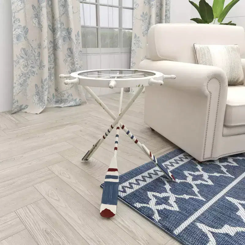 Tavolino Rotondo d'Appoggio in Metallo e Vetro – Stile Costiero, Bianco, Altezza 24"