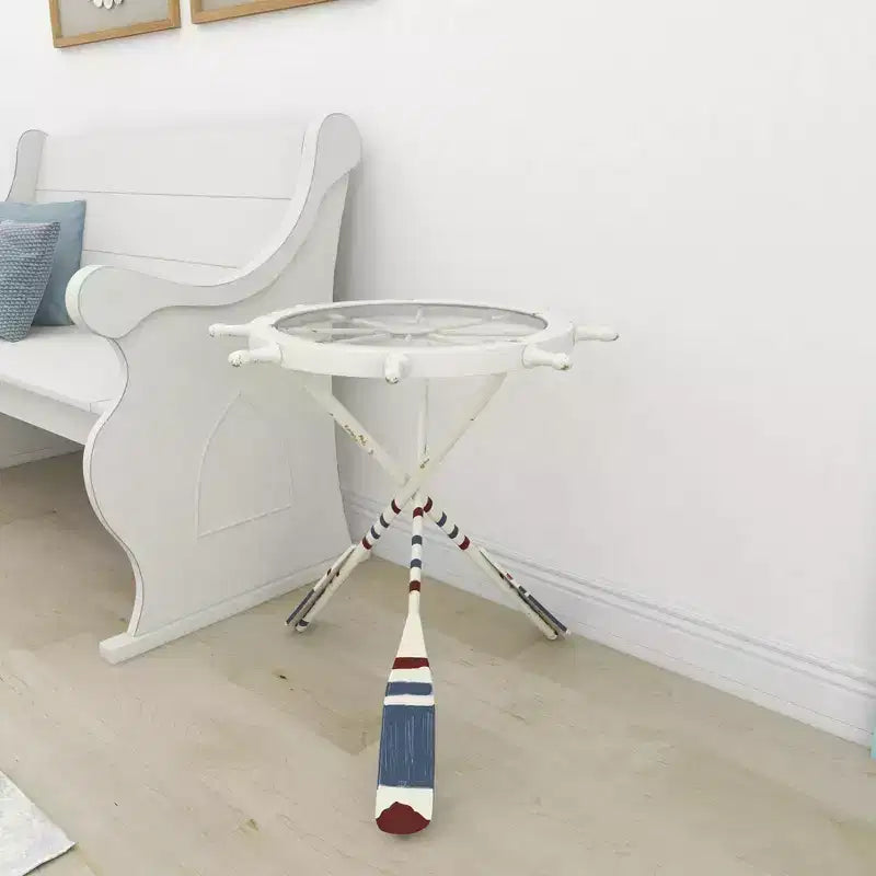 Tavolino Rotondo d'Appoggio in Metallo e Vetro – Stile Costiero, Bianco, Altezza 24"