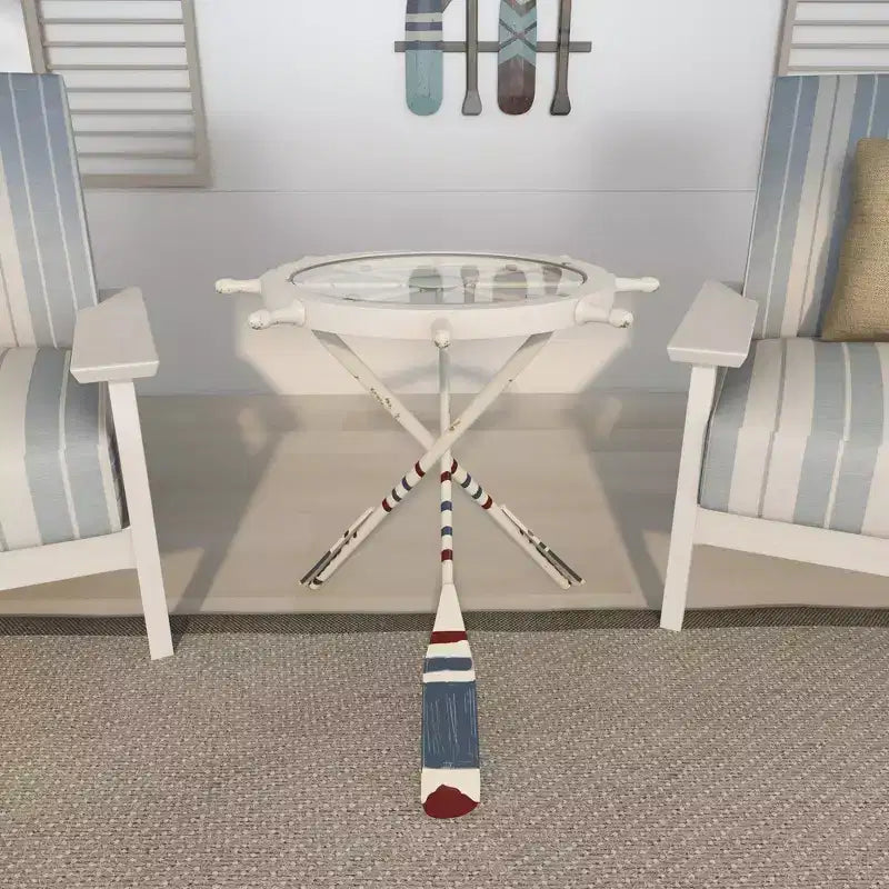 Tavolino Rotondo d'Appoggio in Metallo e Vetro – Stile Costiero, Bianco, Altezza 24"