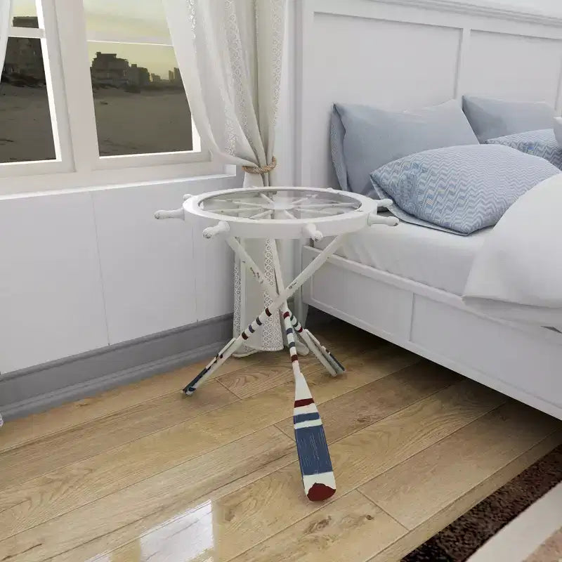 Tavolino Rotondo d'Appoggio in Metallo e Vetro – Stile Costiero, Bianco, Altezza 24"