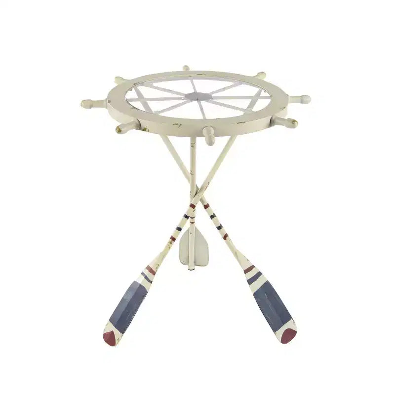 Tavolino Rotondo d'Appoggio in Metallo e Vetro – Stile Costiero, Bianco, Altezza 24"