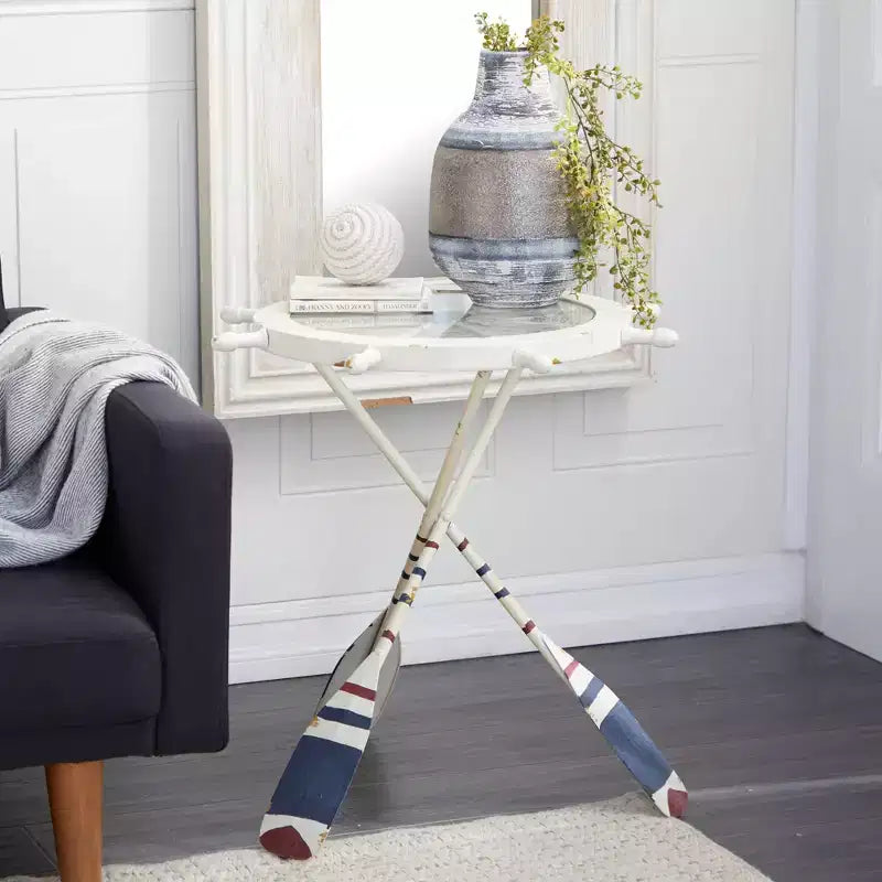 Tavolino Rotondo d'Appoggio in Metallo e Vetro – Stile Costiero, Bianco, Altezza 24"