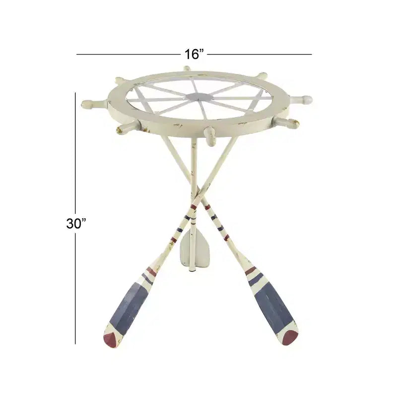Tavolino Rotondo d'Appoggio in Metallo e Vetro – Stile Costiero, Bianco, Altezza 24"