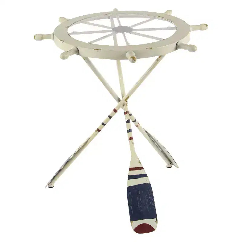 Tavolino Rotondo d'Appoggio in Metallo e Vetro – Stile Costiero, Bianco, Altezza 24"