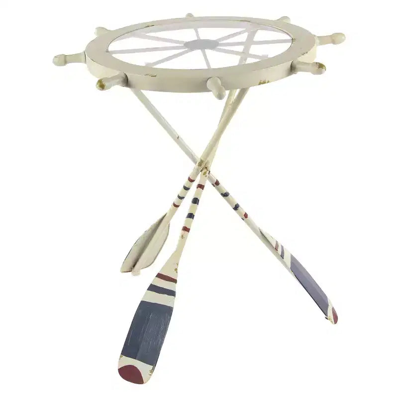 Tavolino Rotondo d'Appoggio in Metallo e Vetro – Stile Costiero, Bianco, Altezza 24"
