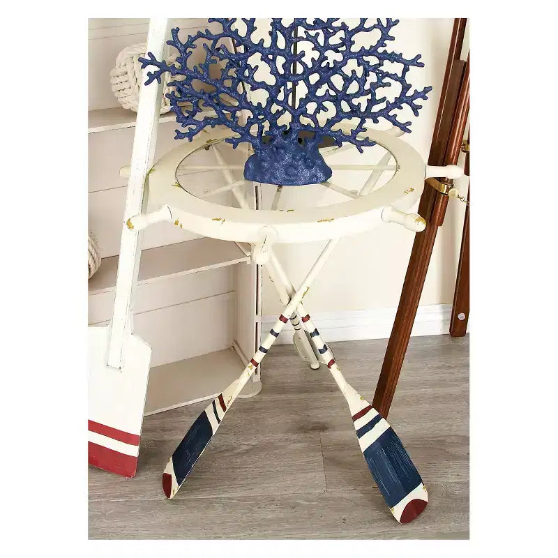 Tavolino Rotondo d'Appoggio in Metallo e Vetro – Stile Costiero, Bianco, Altezza 24"